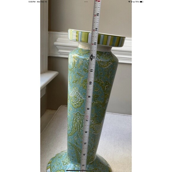 222 Fifth Stoneware Candle Holder in Blue/Green Floral Paisley 12” Tall - Picture 7 of 7